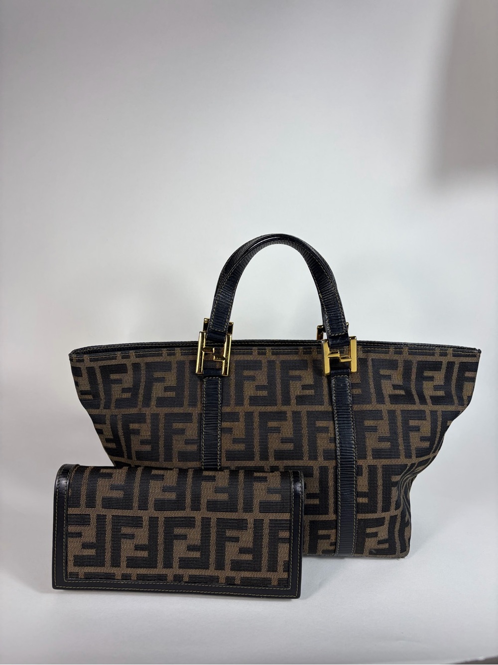 Authentic Vintage Fendi Zucca Canvas Shoulder Bag and Zucca Long Wallet Set